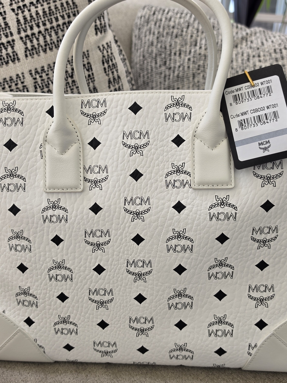MCM White Logo-Print Tote with Black Motif